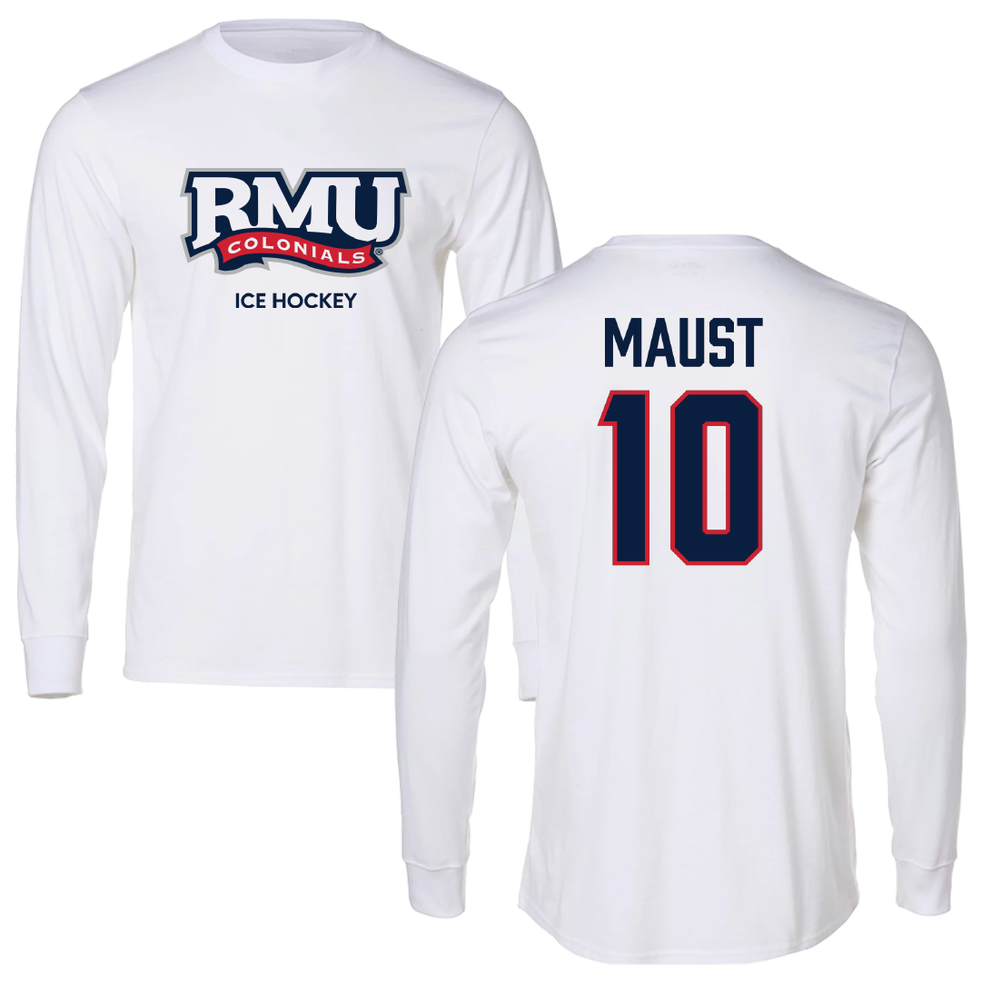 Robert Morris University Ice Hockey (M) White Mascot Performance Long Sleeve - #10 Paul Maust