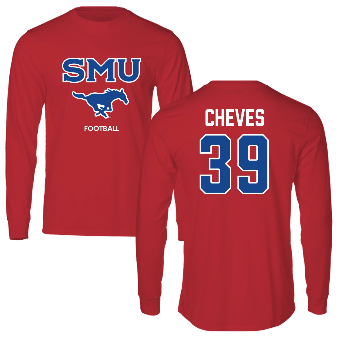Southern Methodist University Football Red Performance Long Sleeve - #39 Keaton Cheves