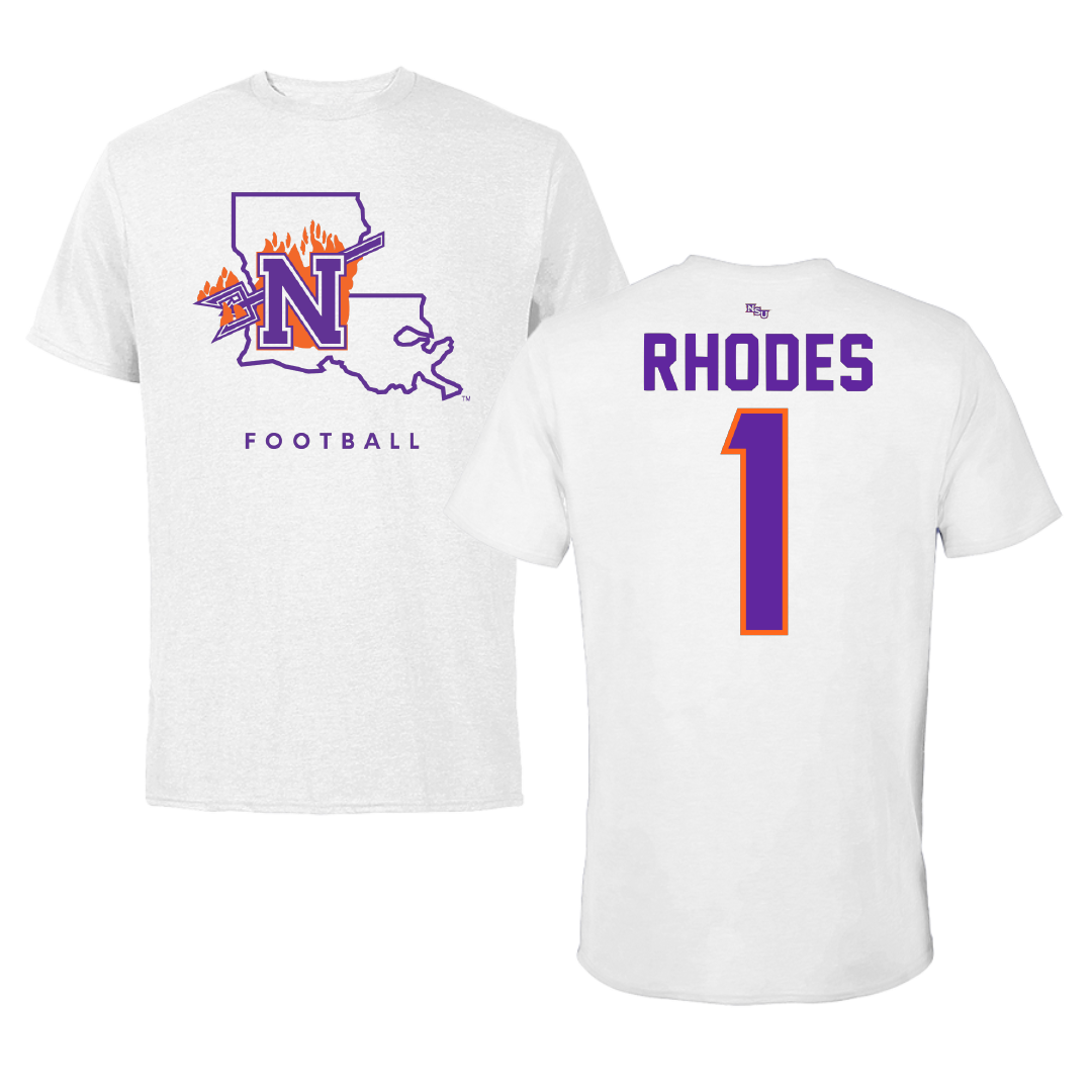 Northwestern State University Football White Tee - #1 Dylan Rhodes