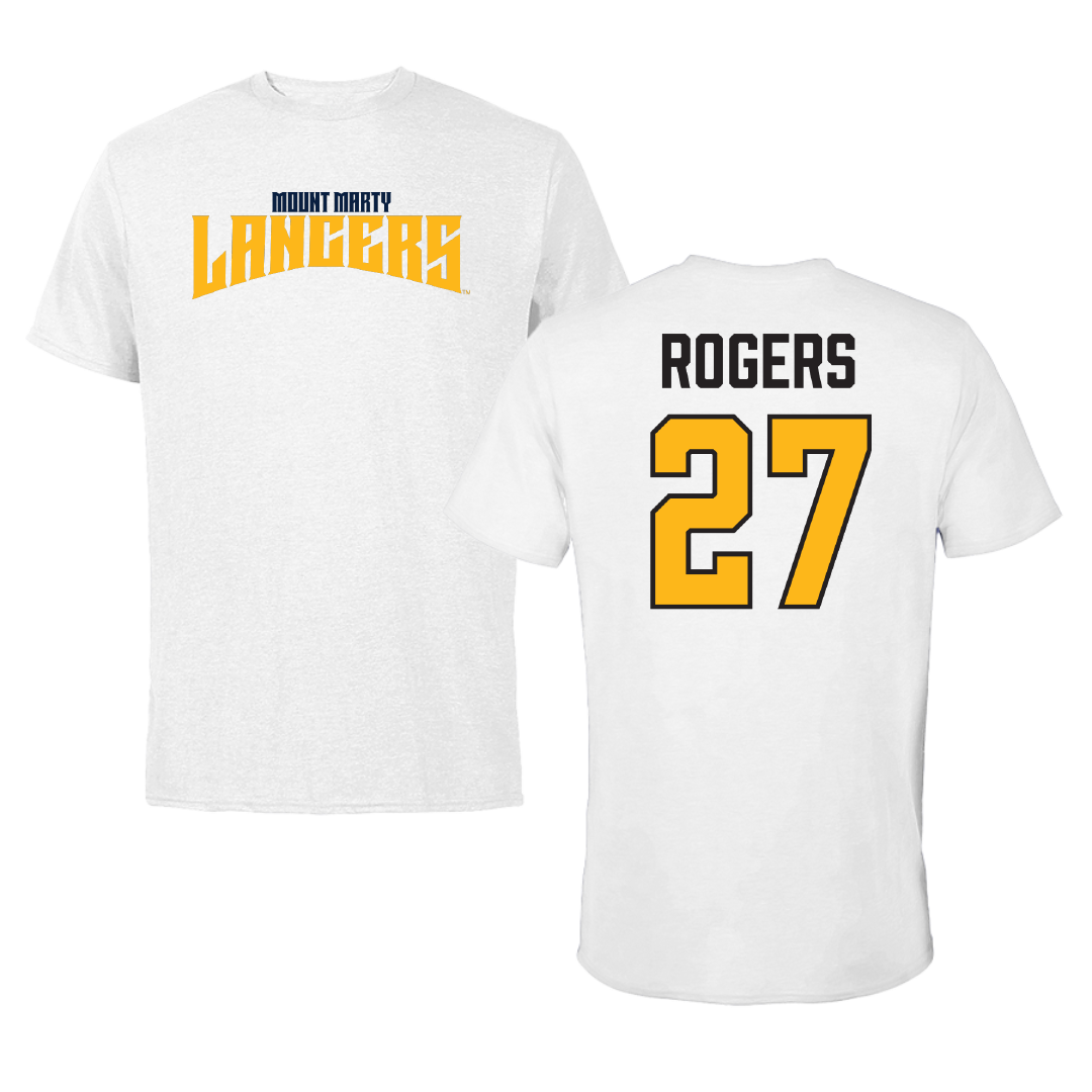 Mount Marty University Football White Classic Performance Tee - #27 Kavion Rogers