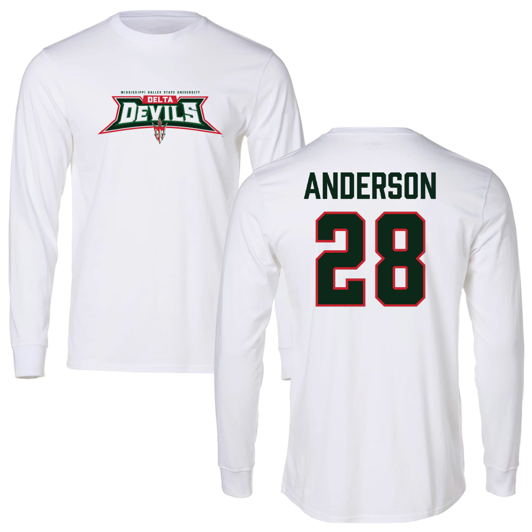 Mississippi Valley State University Football White Performance Long Sleeve - #28 Jordan Anderson