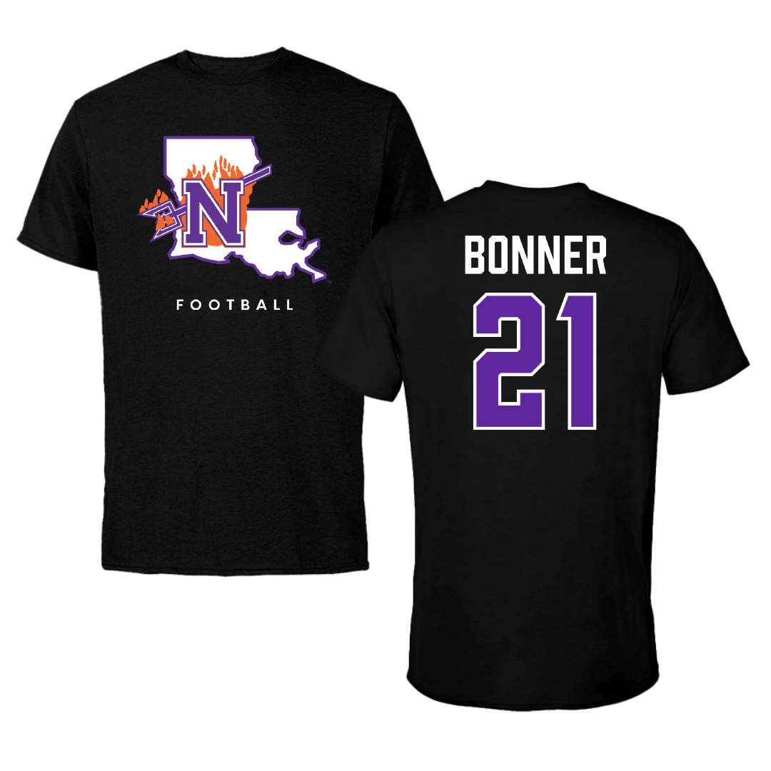 Northwestern State University Football Black Block Tee - #21 Ja’Marion Bonner