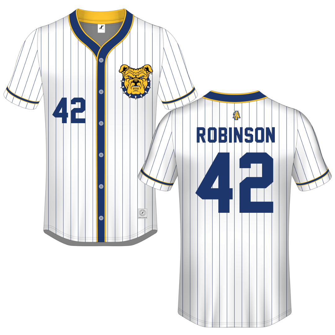 North Carolina A&T State University White Pinstripe Button-Down Jersey - #42 Tyra Robinson